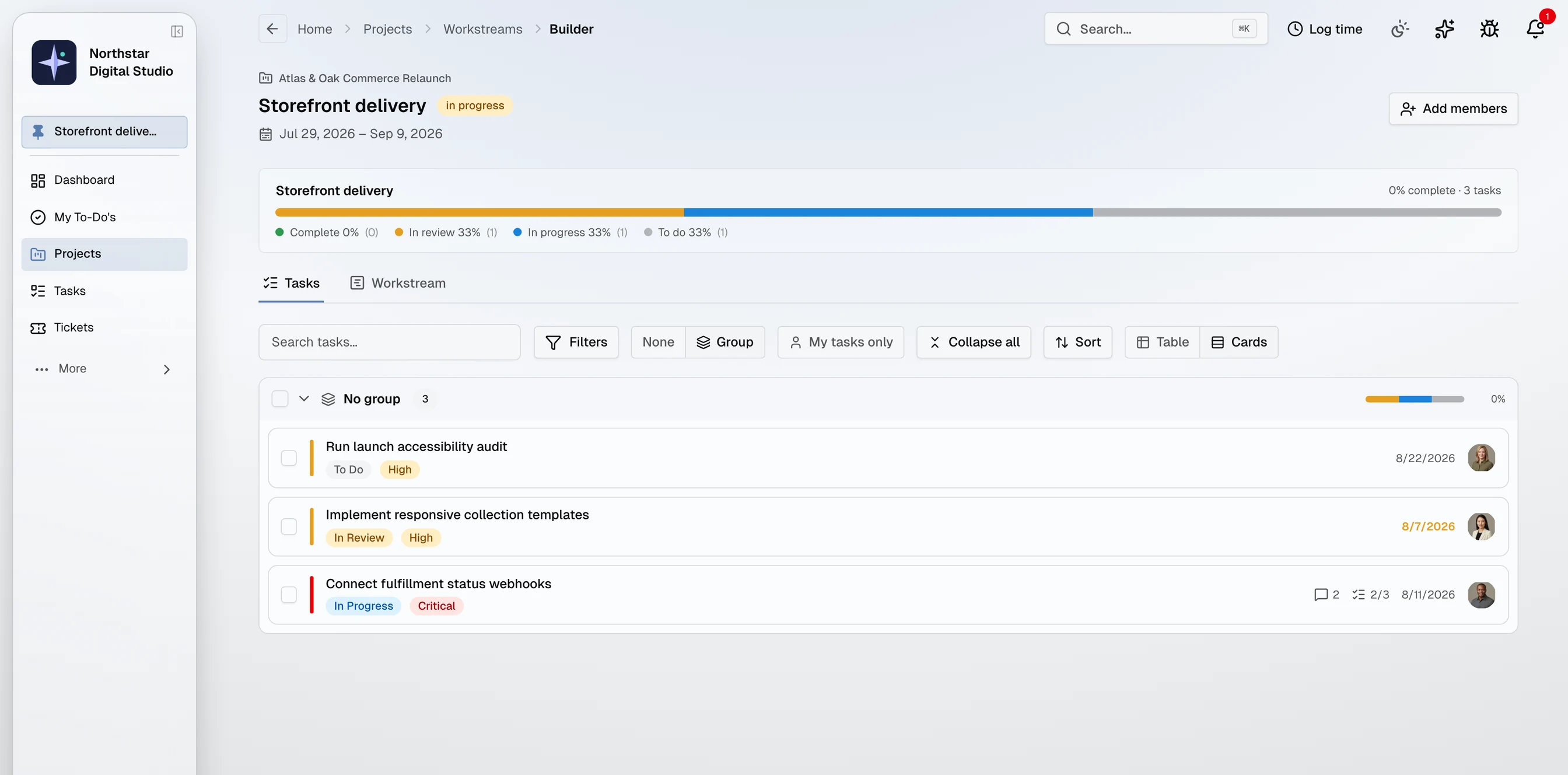 A workstream in the TekPartner builder: grouped tasks with owners, statuses, priorities, and progress