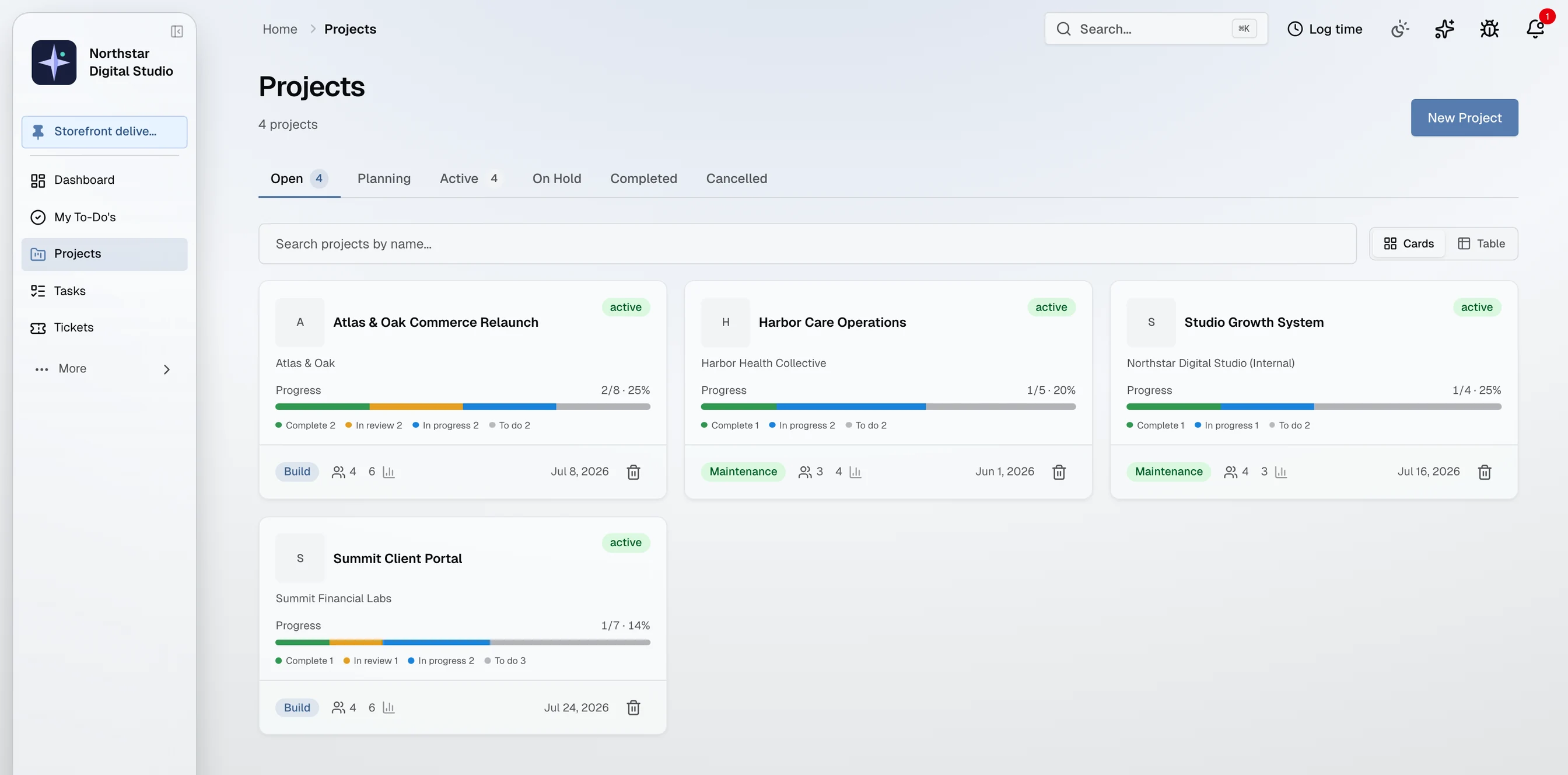 TekPartner projects overview: four active client and internal projects with progress and teams