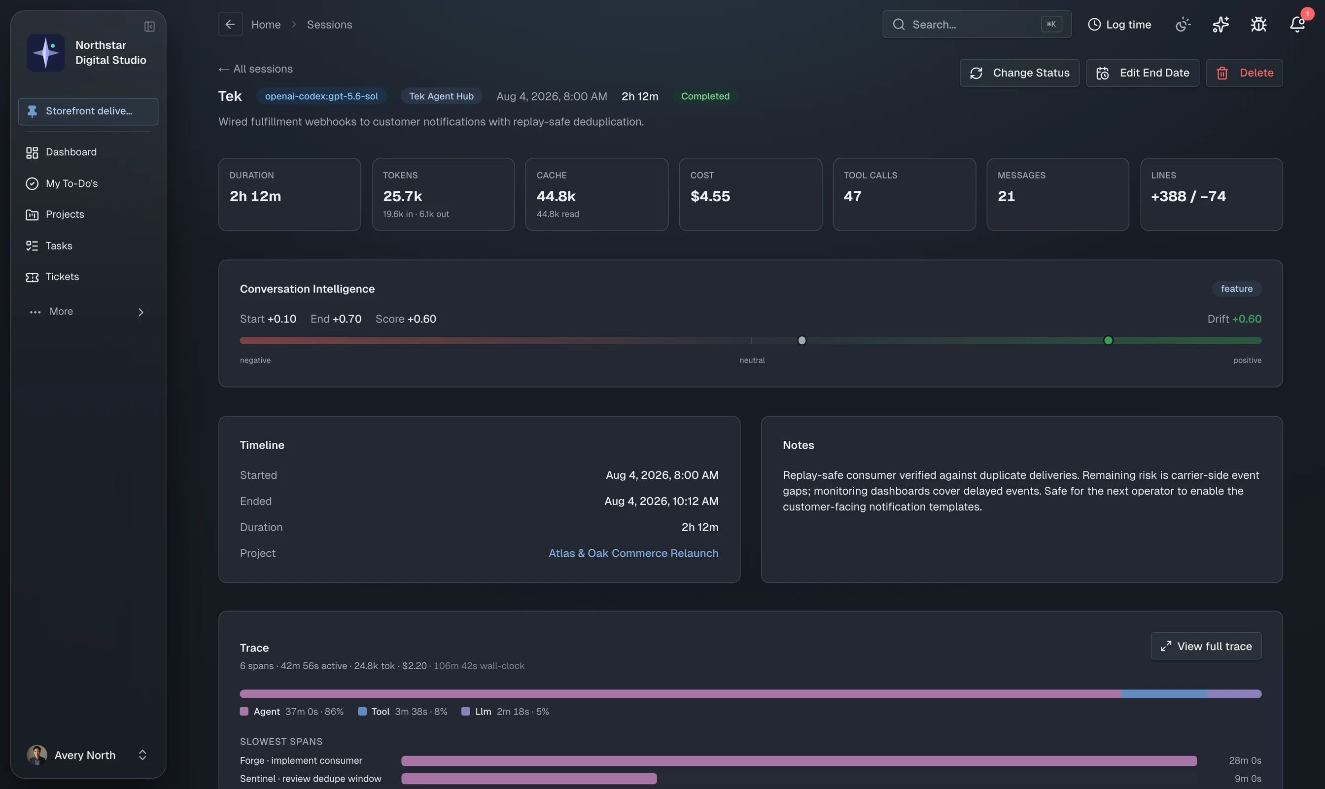 TekPartner session detail in dark theme: duration, tokens, cache, cost, tool calls, notes, and trace
