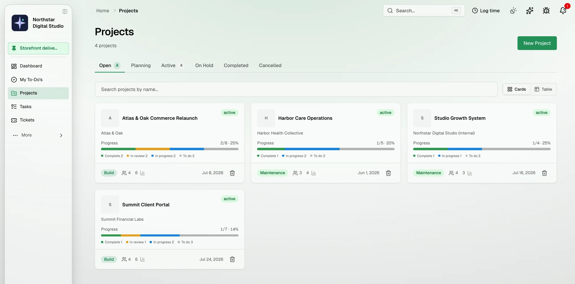TekPartner projects workspace in the Green theme