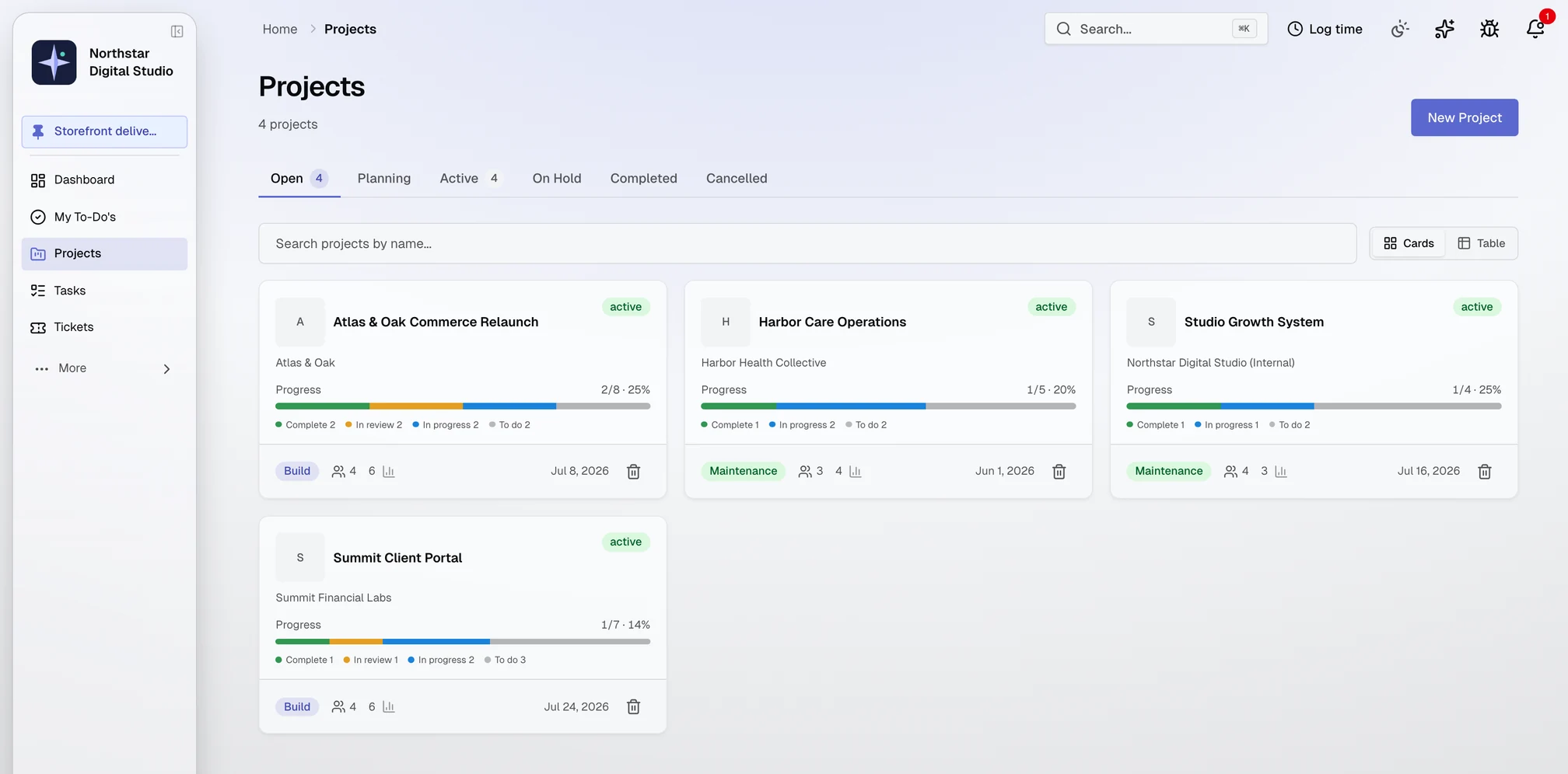 TekPartner projects workspace in the Indigo theme