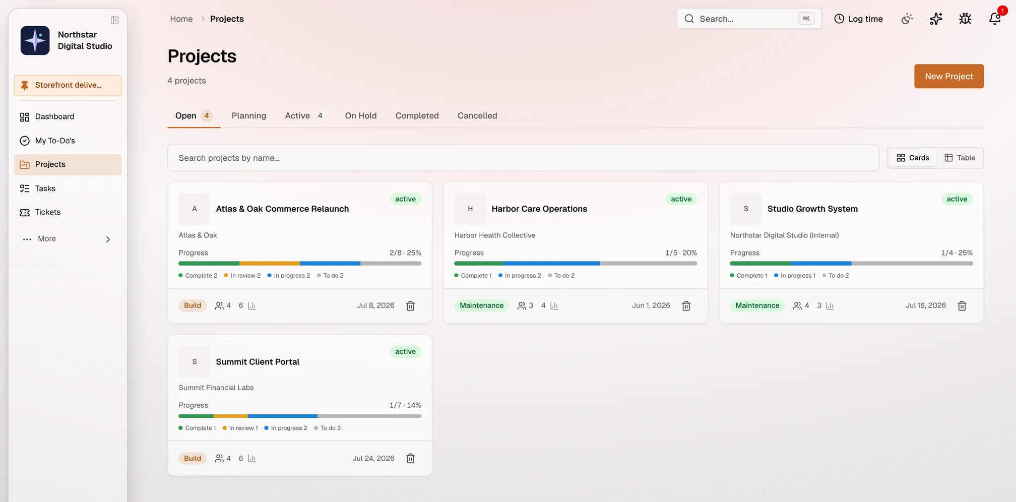 TekPartner projects workspace in the Rose theme
