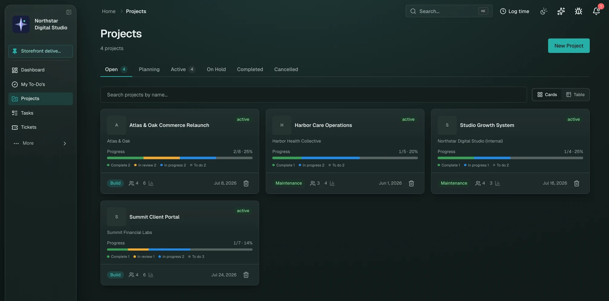 TekPartner projects workspace in the Teal · dark theme
