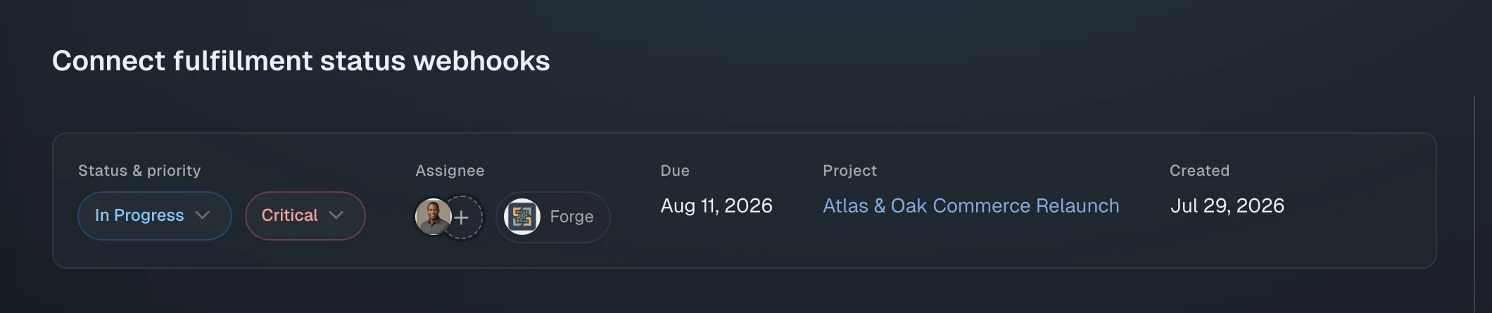 A shared work item owned by Omar Brooks and the Forge agent together: status, priority, due date, and project
